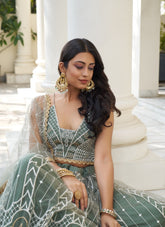 Figurative Looking Partywear Dusty Green Colour Lehenga Choli
